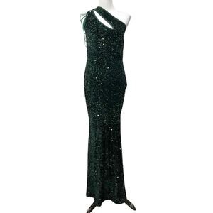 Sequin Gown Dress Dark Green Prom Party Sexy One Shoulder Evening Long Women’s M